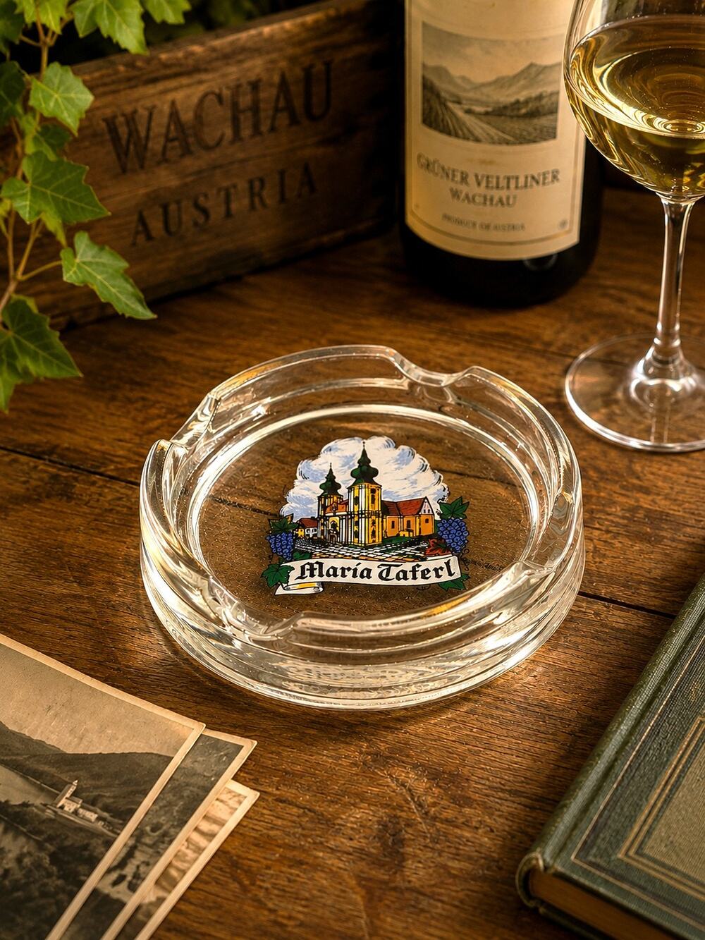 Vintage Maria Taferl Austria Glass Ashtray Souvenir Church Grapes 4" Clear Glass